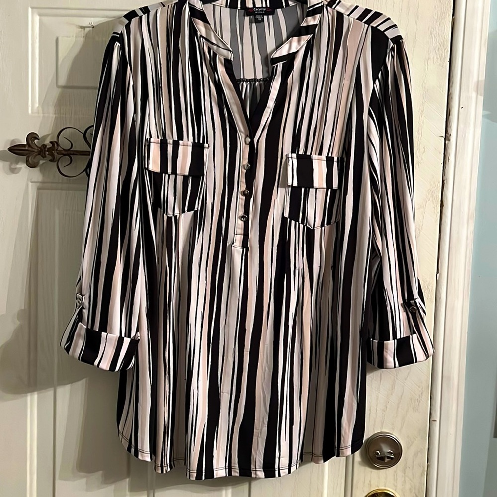 3 X Cocomo woman, black, white, and tan striped shirt